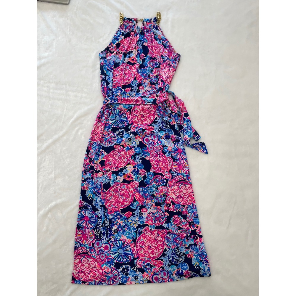 Lilly Pulitzer Pink Blue Turtle Print Gold Chain Halter Maxi Dress Size M